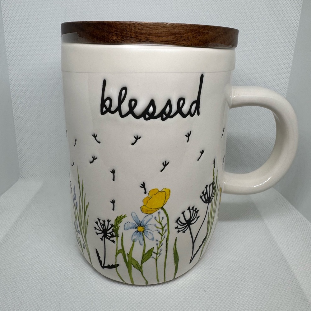 Rae Dunn blessed floral design Dining Mug with Rustic coaster Lid